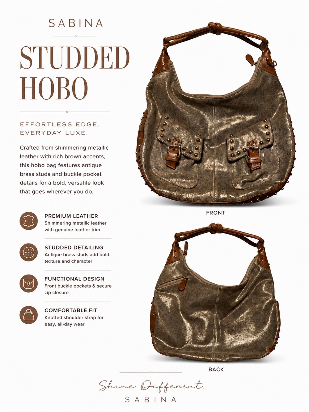 Sabina Hobo bag leather gold dusted leather crescent shape slouchy Y2K trend